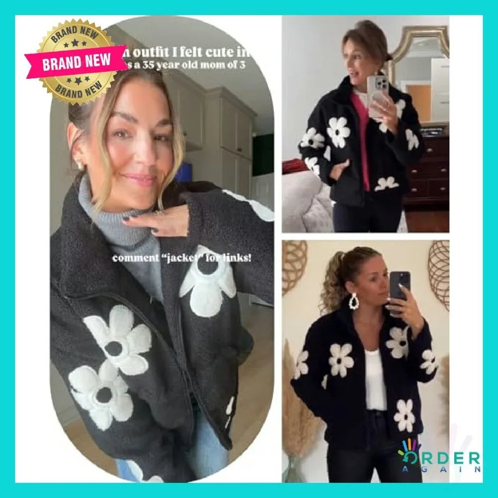 Floral Print Sherpa Fleece Cropped Jacket Oversized Y2K Chic Winter Casual